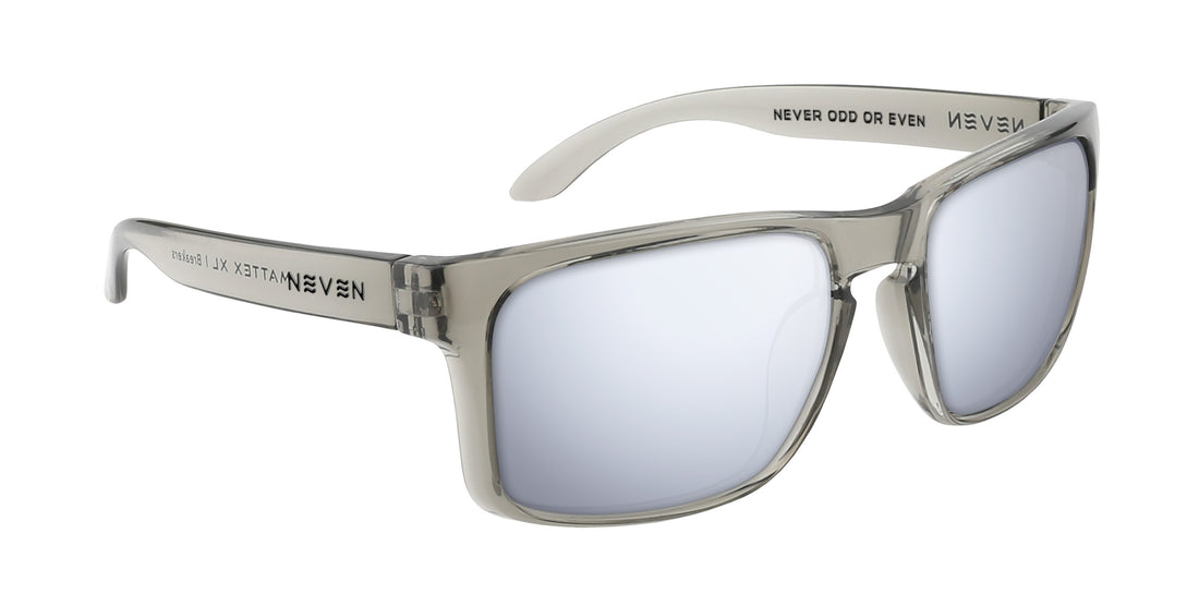 Three-quarter view of Breakers XL sunglasses showcasing glossy gray squared frame and mirrored prescription lenses on white background