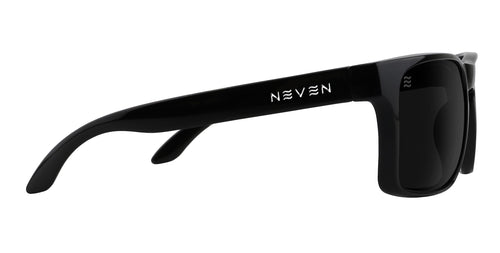 Side close up of Doom XL sunglasses showing glossy black rectangular frame, black polarized lenses, and Neven logo on temple