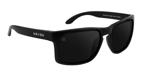 Angled close-up of Doom XL sunglasses showing rectangular black frame, polarized lenses and Neven logo on white background