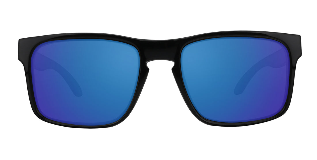 Front view of Doom XL sunglasses showcasing oversized black rectangular frame with blue lenses on white background