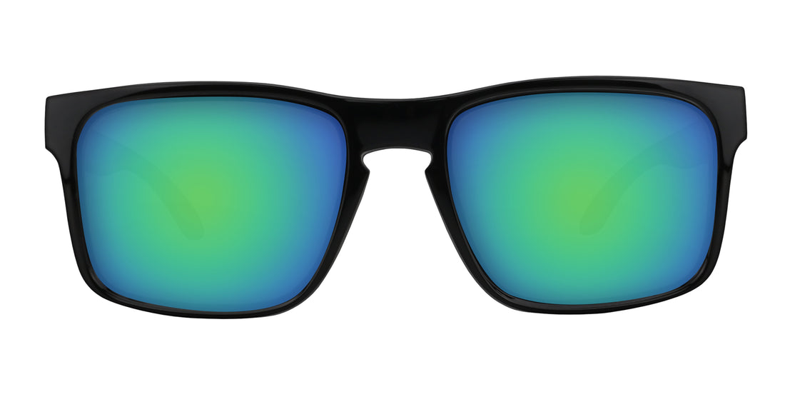 Front close-up of Doom prescription sunglasses showcasing glossy black frame and green-blue mirrored lenses on white background