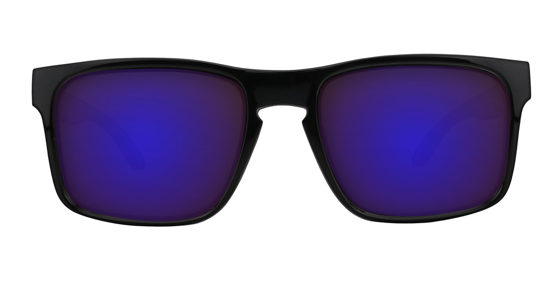 Front close-up of Doom prescription sunglasses showing black frame and purple mirrored lenses on white background