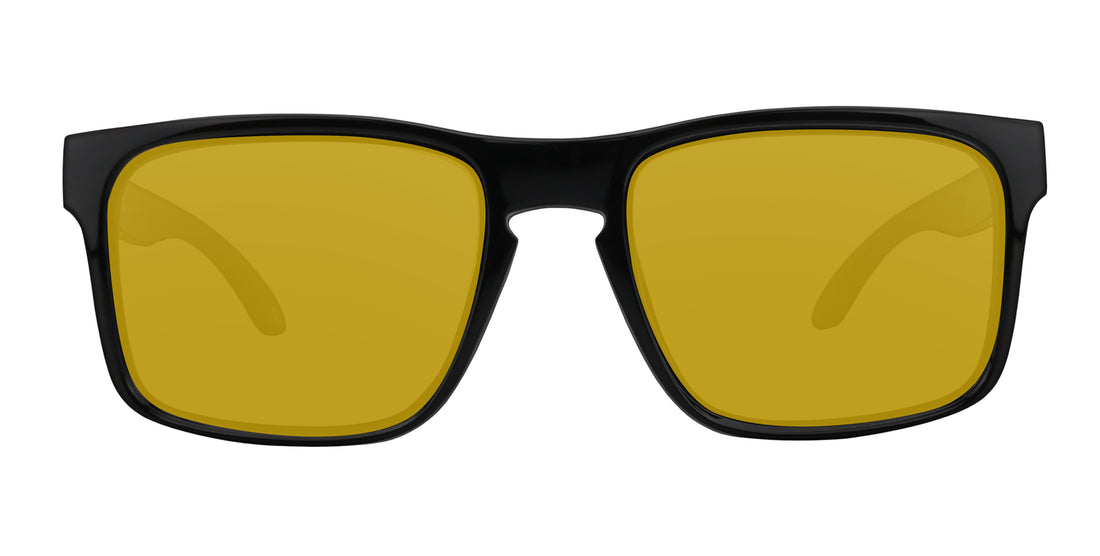 Front view of Doom prescription sunglasses showing black rectangular frame with yellow lenses on white background