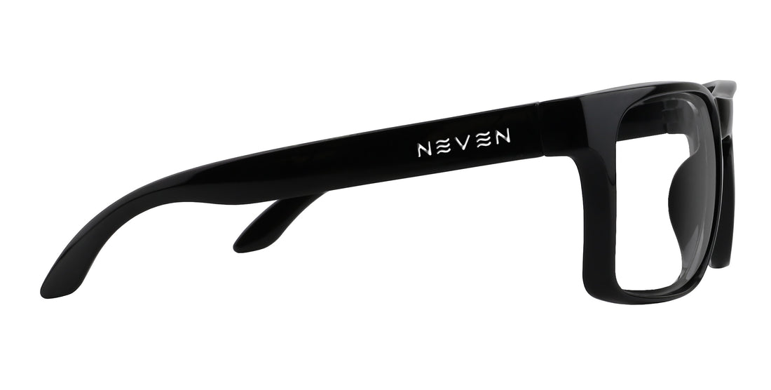 Side view of Doom XL prescription glasses showcasing glossy black oversized rectangular frame on white background