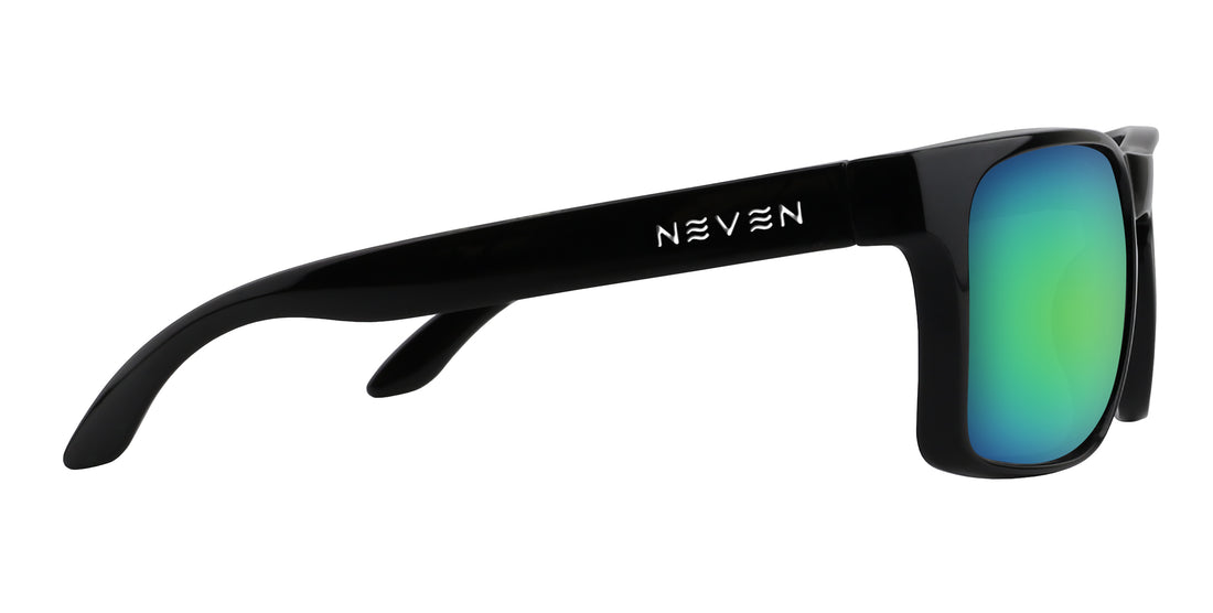 Side view of Doom sunglasses showing black glossy frame, green-blue mirrored lenses and Neven logo on temple with white background
