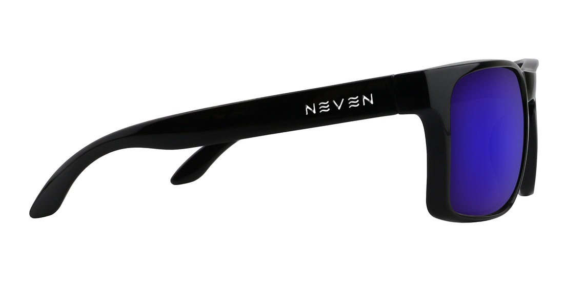 Side view of Doom sunglasses showcasing black frame, purple mirrored lenses, and Neven logo on the temple with white background