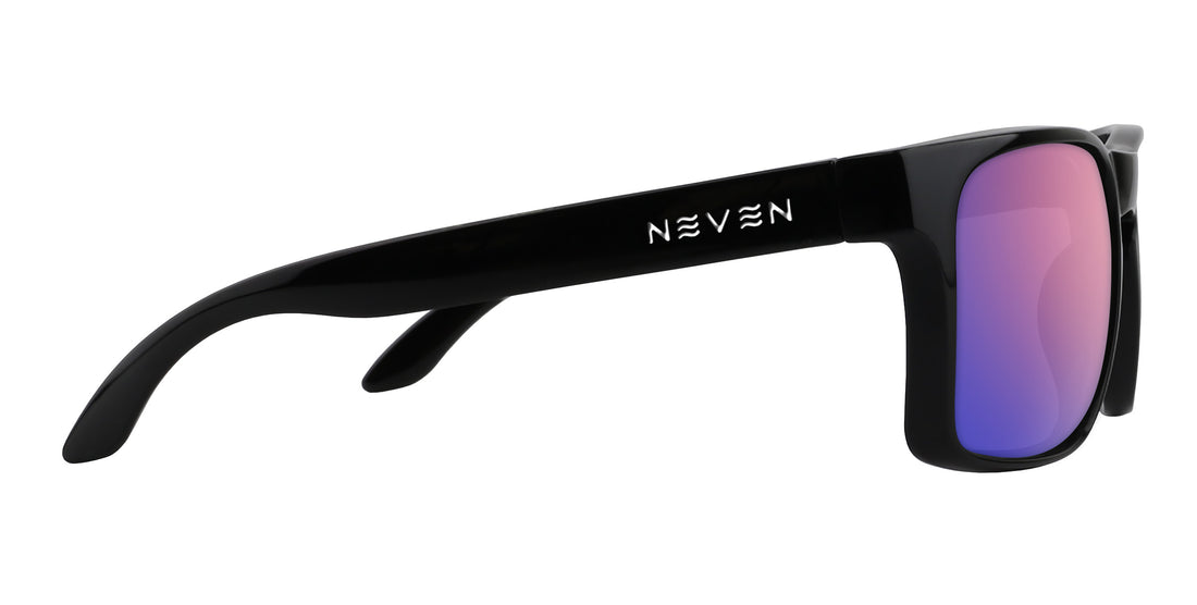 Side view of Doom XL glossy black rectangular prescription sunglasses with rose-pink lenses on a white background