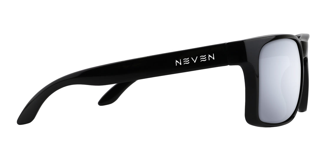 Side view of Doom XL prescription sunglasses showcasing glossy black oversized rectangular frames on a white background