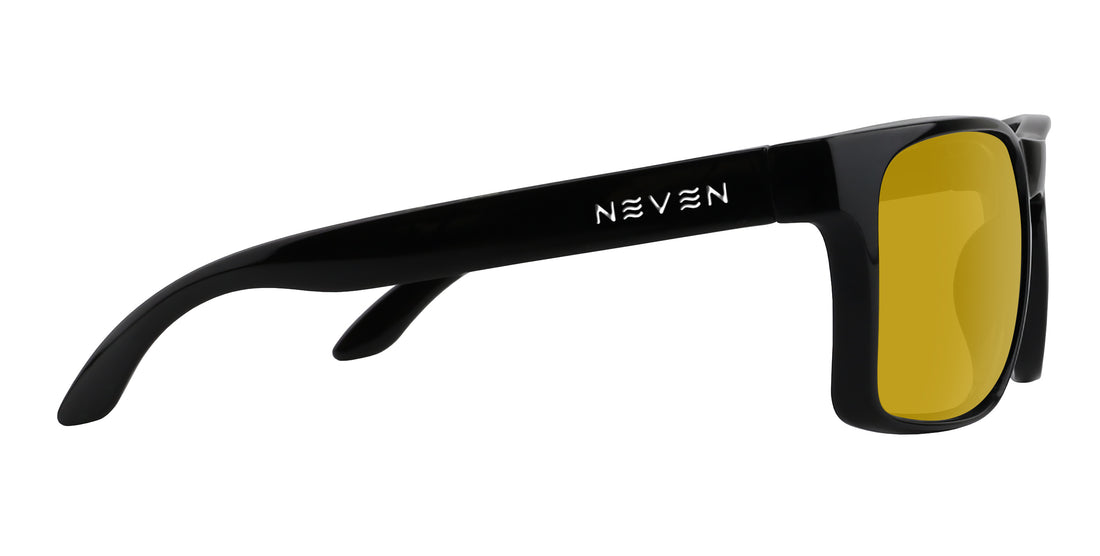 Side view of Doom prescription sunglasses with black glossy frame, yellow lenses, and Neven logo on temple