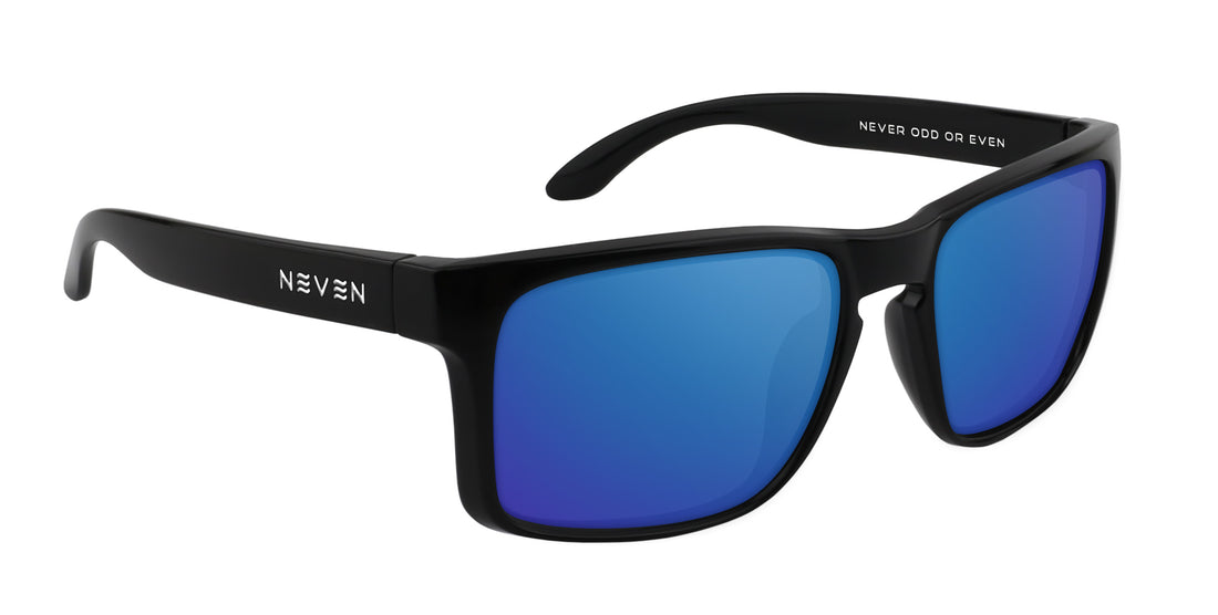 Three-quarter view of Doom XL prescription glasses with glossy black rectangular frame and blue lenses on white background