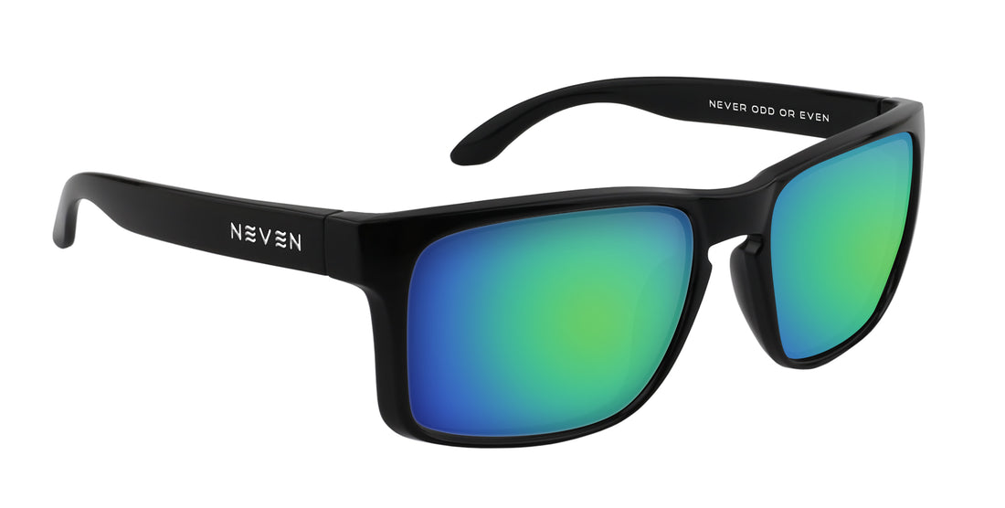 Right three-quarter view of Doom prescription sunglasses showcasing black frame and green blue mirrored lenses with white background
