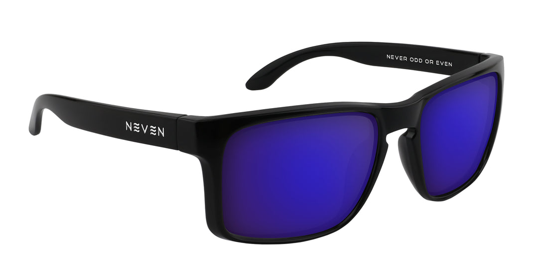 Angled close-up of Doom prescription sunglasses showing black frame, blue mirrored lenses and Neven logo on white background