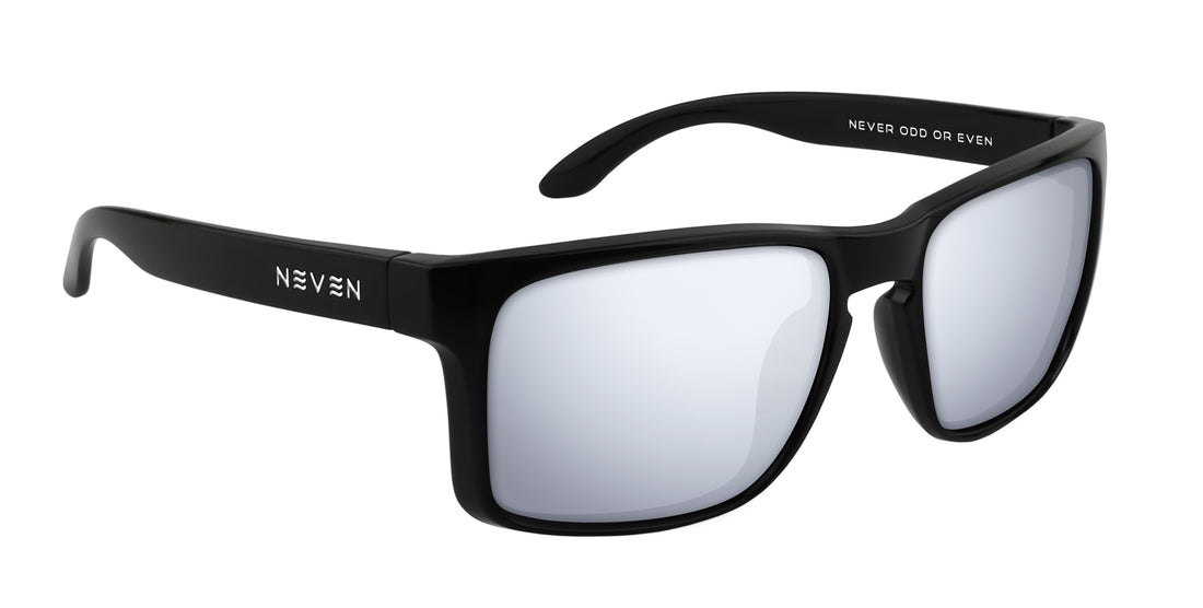 Three-quarter view of Doom XL prescription sunglasses showcasing glossy black oversized rectangular frame on white background