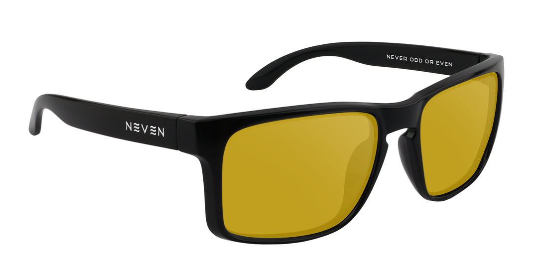 Close-up three-quarter view of Doom sunglasses showcasing black frame and yellow lenses with white background