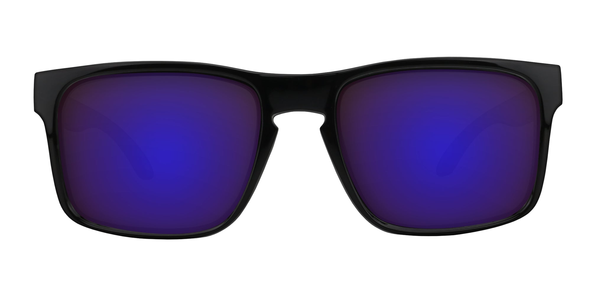 Black sunglasses with blue-tinted lenses on a white background