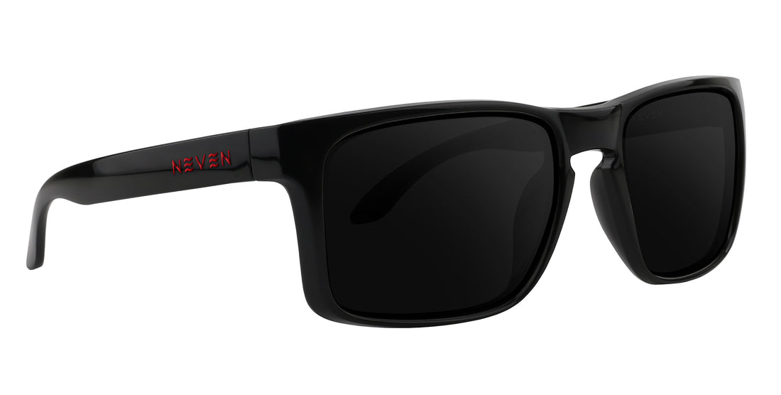 Side view of John Wayne XL sunglasses showing glossy black oversized rectangular frame and red Neven logo on white background