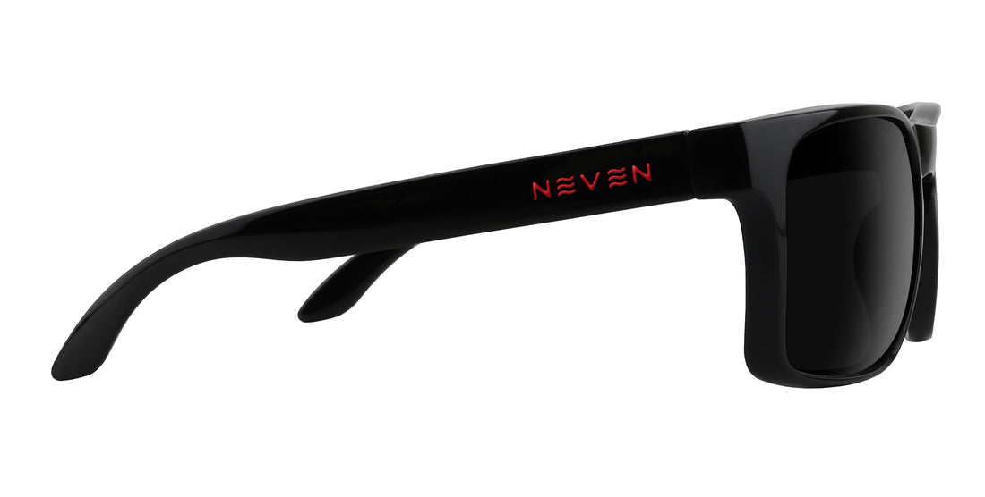 Side view of John Wayne XL sunglasses showing glossy black rectangular frame and red Neven logo on temple, white background