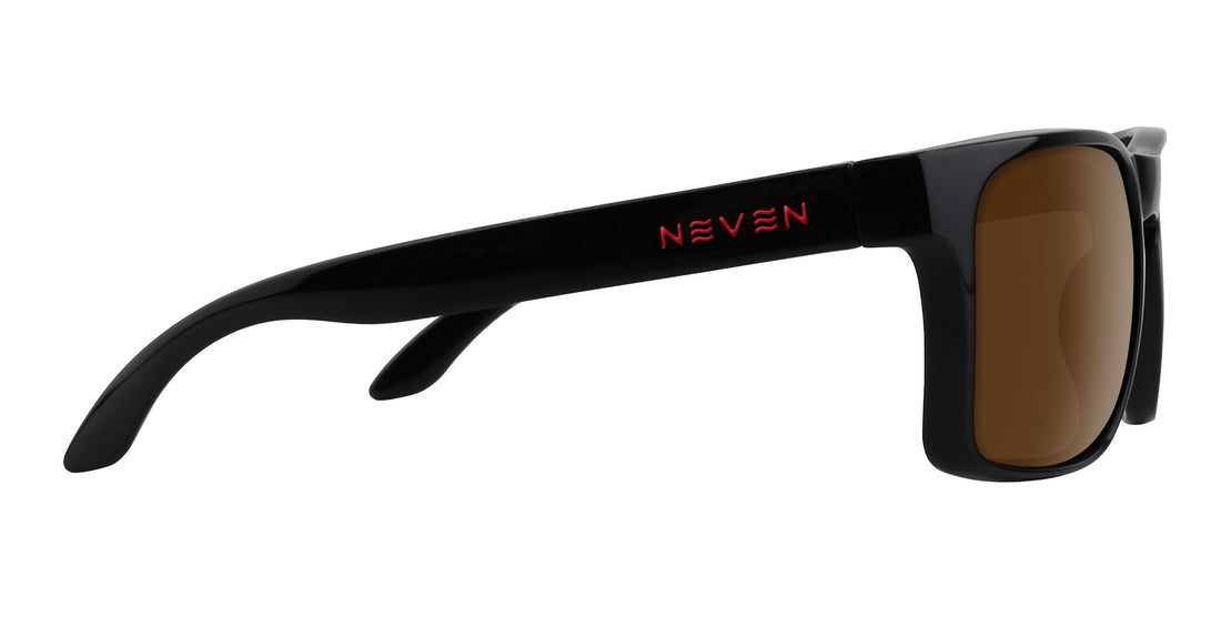Side view of John Wayne XL sunglasses showcasing glossy black oversized rectangular frame, brown lenses, and red Neven logo on white background