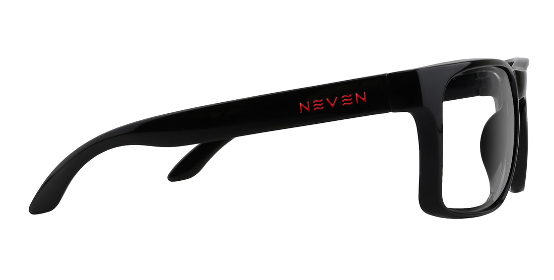 Side view of John Wayne XL oversized rectangular frames showing glossy black finish and red NEVEN logo on temple against white background