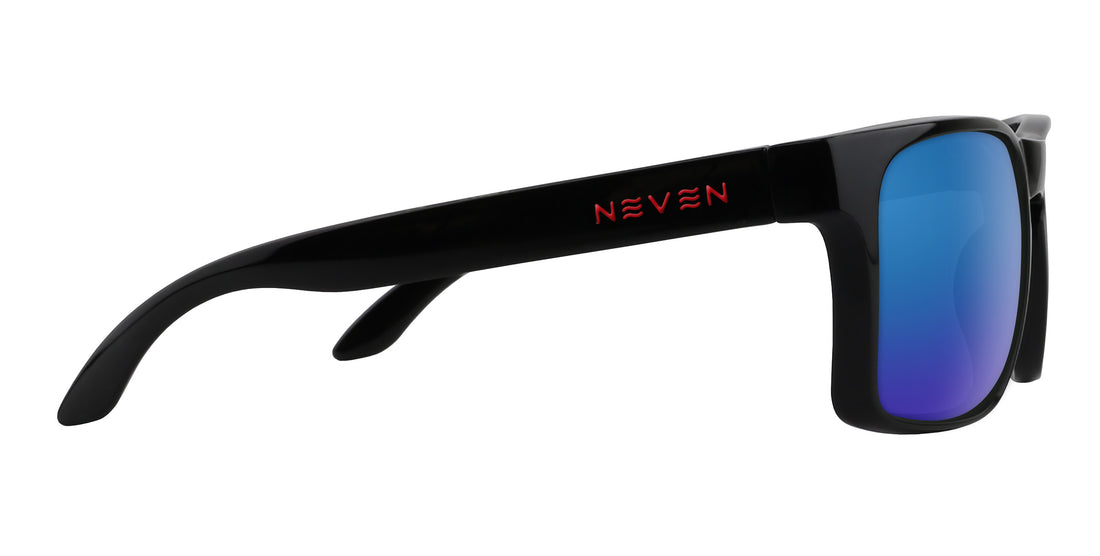 Side view of John Wayne XL sunglasses showcasing glossy black oversized rectangular frame and blue mirrored lens on white background