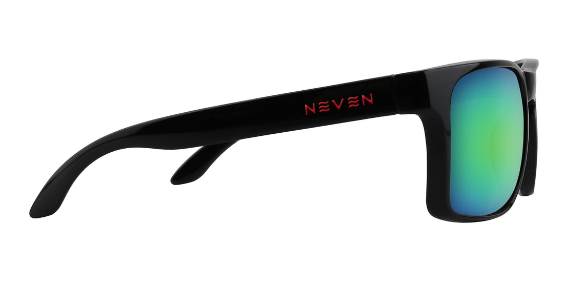 Side close-up of John Wayne XL sunglasses with glossy black oversized frame, red Neven logo and green mirrored lens on white