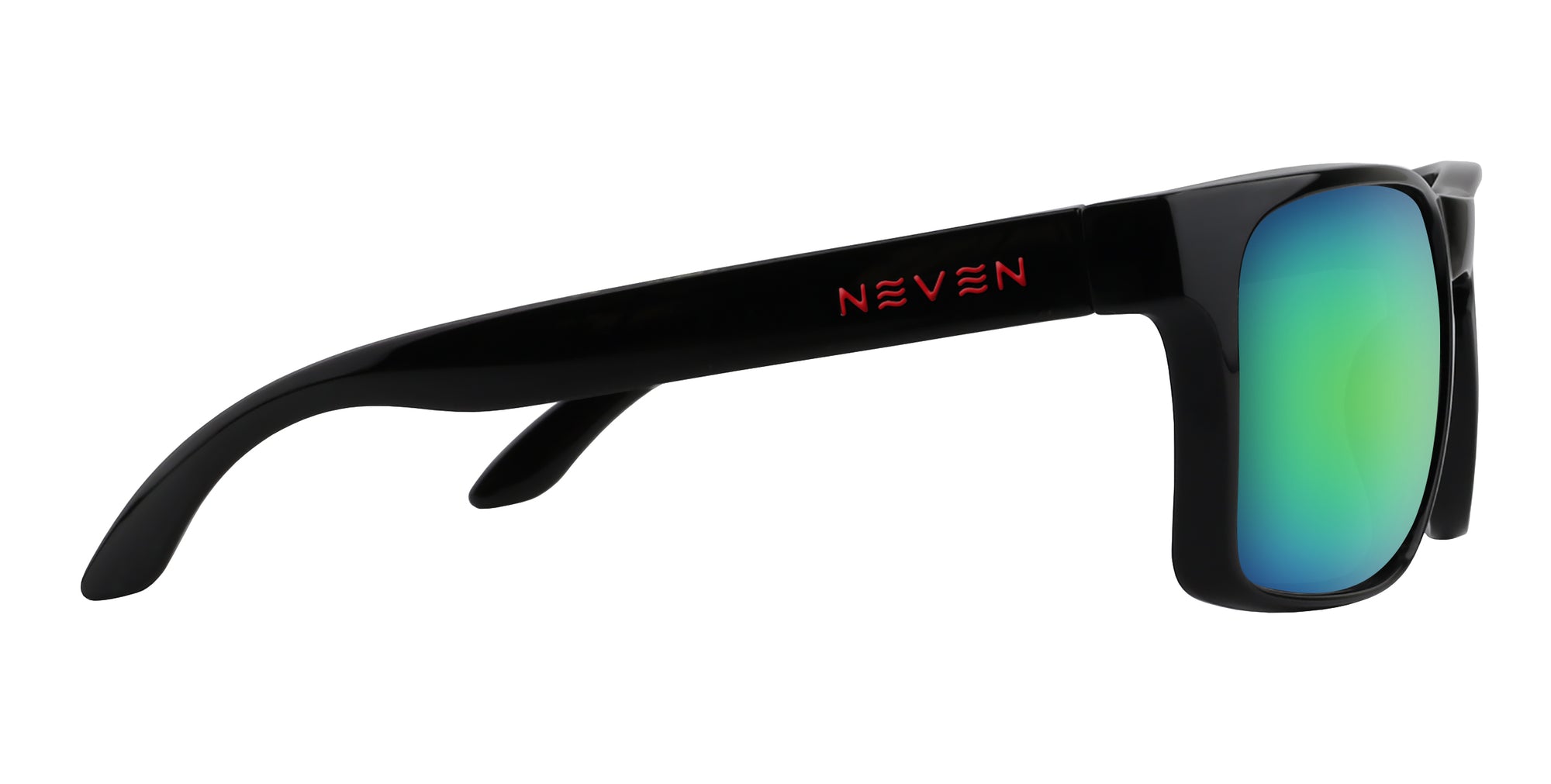 Black sunglasses with green reflective lenses on a white background