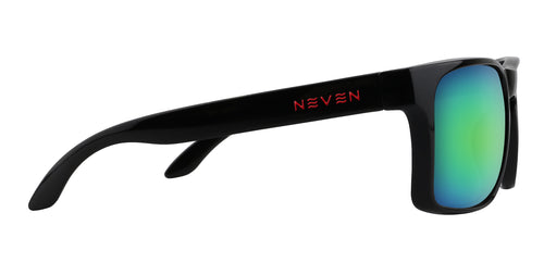 Black sunglasses with green reflective lenses on a white background