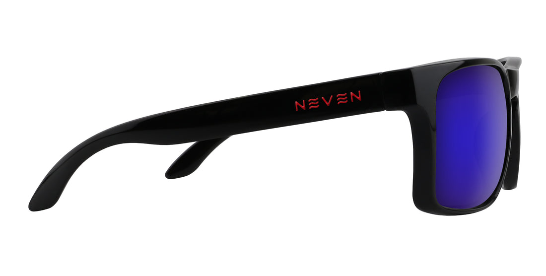 Side view of John Wayne XL sunglasses with glossy black oversized frame, red Neven logo and purple mirrored lenses on white
