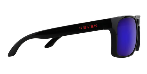 Black sunglasses with blue lenses on a white background