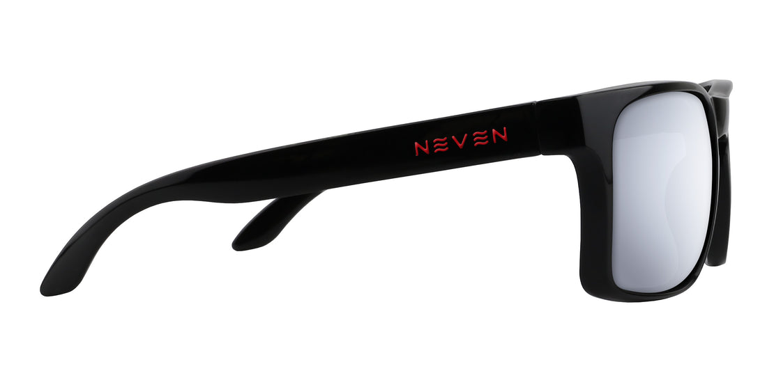 Side view of John Wayne XL prescription sunglasses showcasing glossy black rectangular frame and red Neven logo