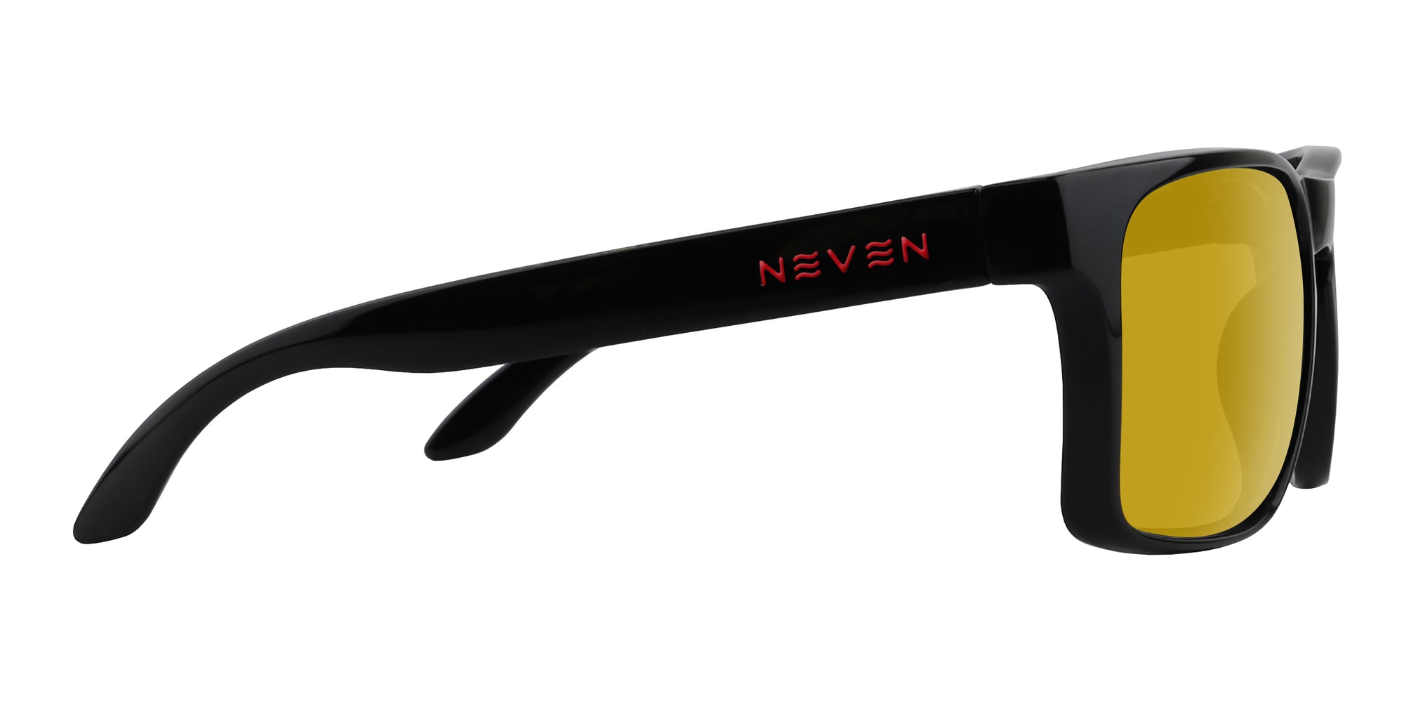 Black sunglasses with yellow lenses on a white background