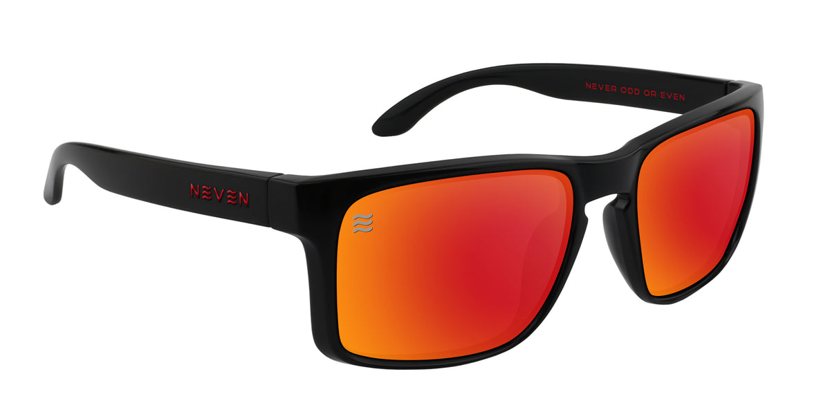 John Wayne XL red-orange rectangle polarized sunglasses from Neven Eyewear Pair name: John Wayne XL Frame shape: rectangle.