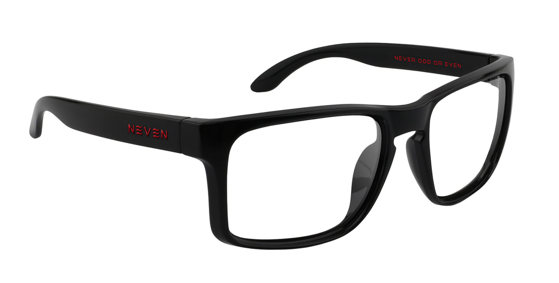 Close-up three-quarter of John Wayne XL black rectangular frames with clear Rx lenses and red Neven logo on white