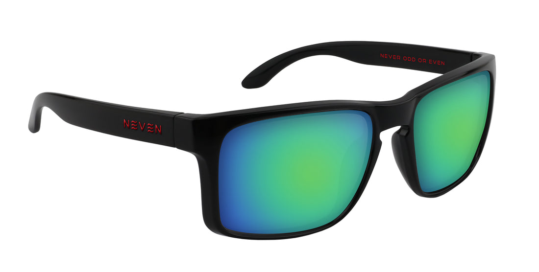 Three-quarter view of John Wayne XL sunglasses with glossy black oversized frames and green mirrored lenses on white background