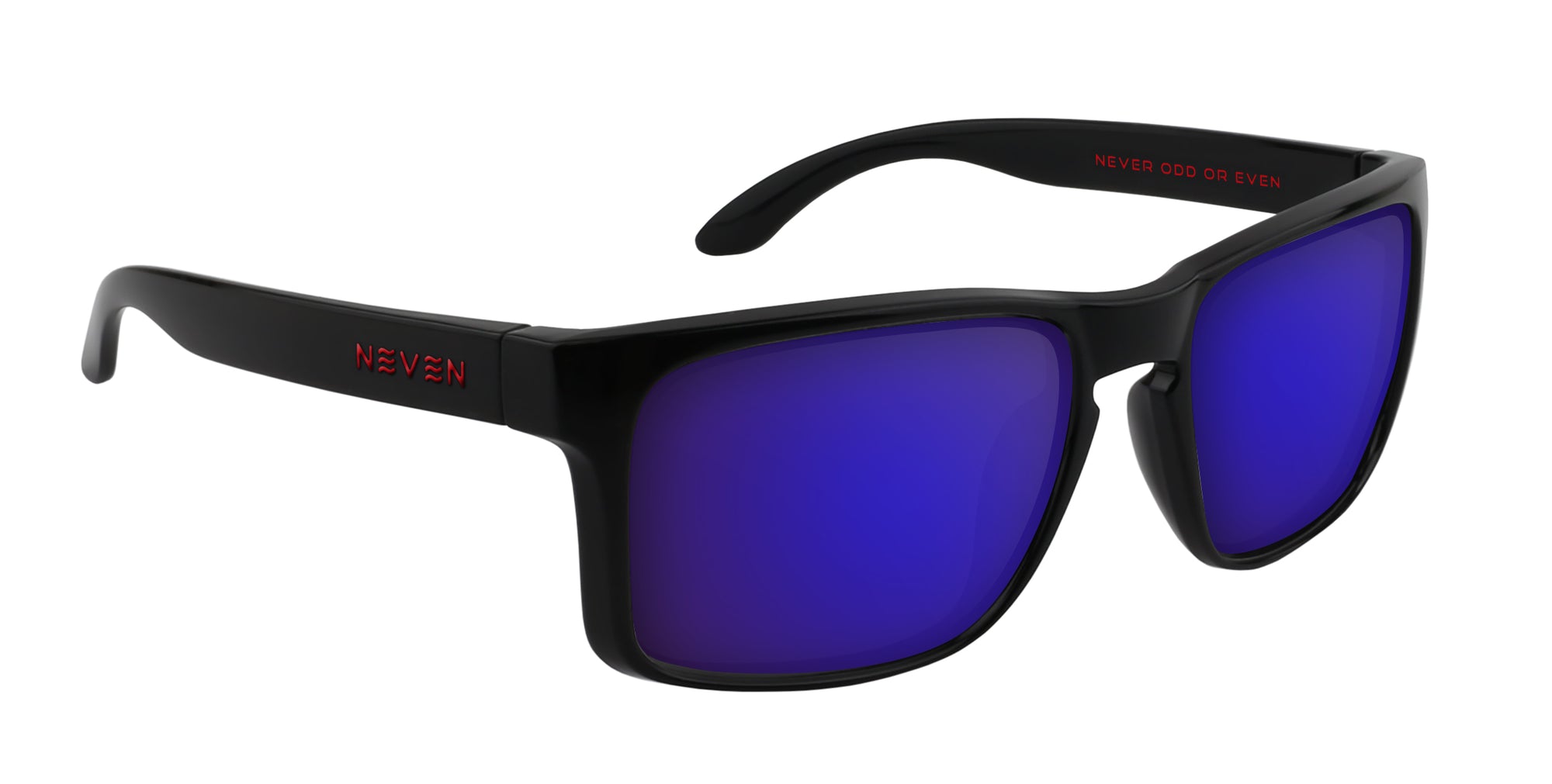 Black sunglasses with blue lenses on a white background