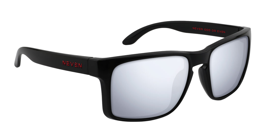 Three-quarter view of John Wayne XL sunglasses with glossy black rectangular frames and silver mirrored lenses on white