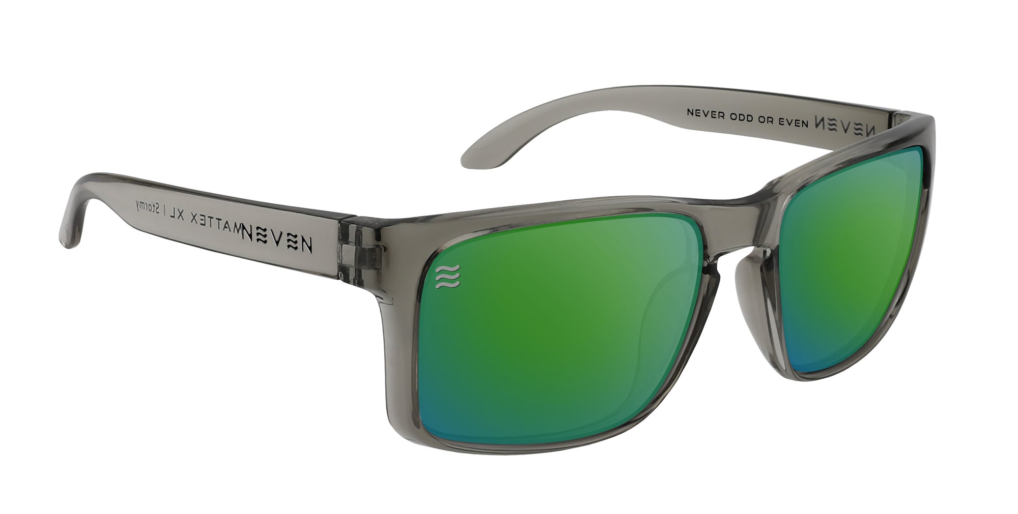 Close-up three-quarter view of Stormy XL sunglasses showing green polarized mirrored lenses and translucent gray frame