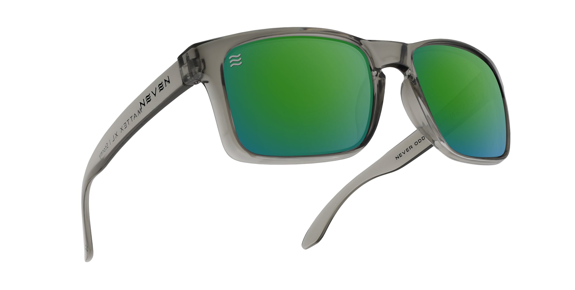 Three-quarter view of Stormy XL sunglasses with green polarized lenses and translucent gray oversized frame on white background