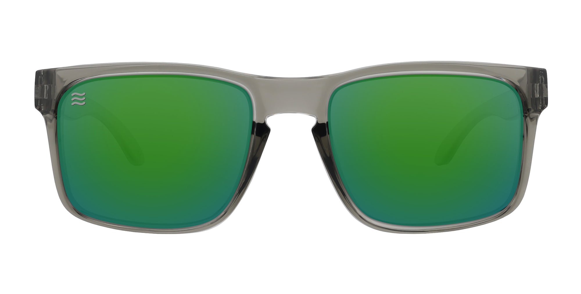 Stormy XL green oversized polarized sunglasses with a glossy clear gray frame.