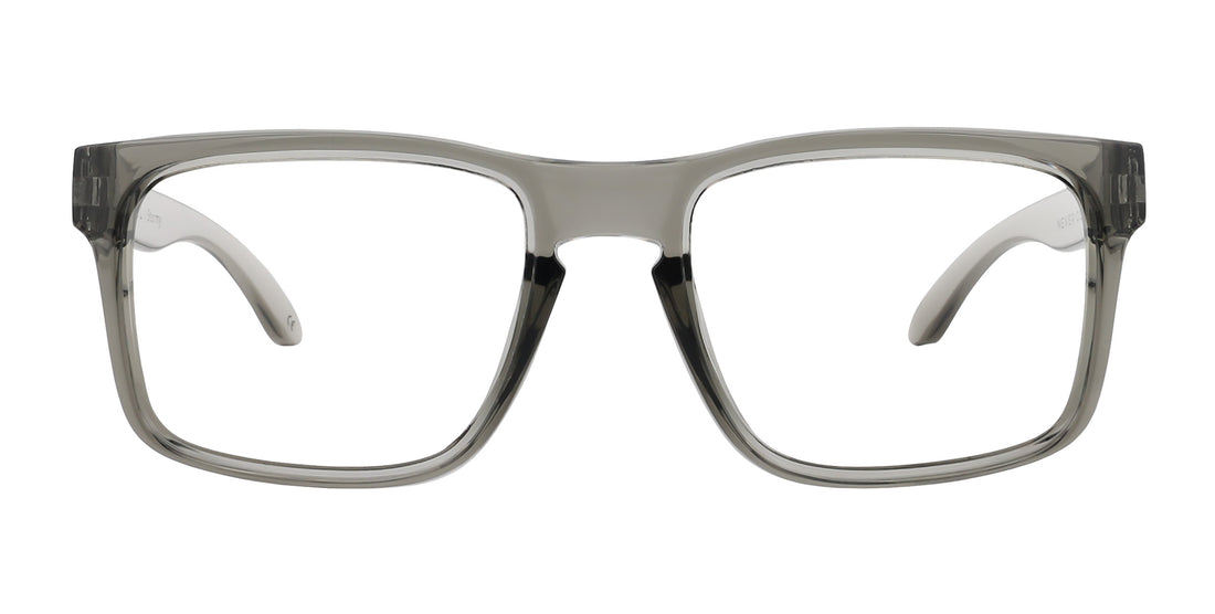 Front close-up of Stormy XL glasses showcasing a translucent glossy gray oversized rectangular frame on a white background
