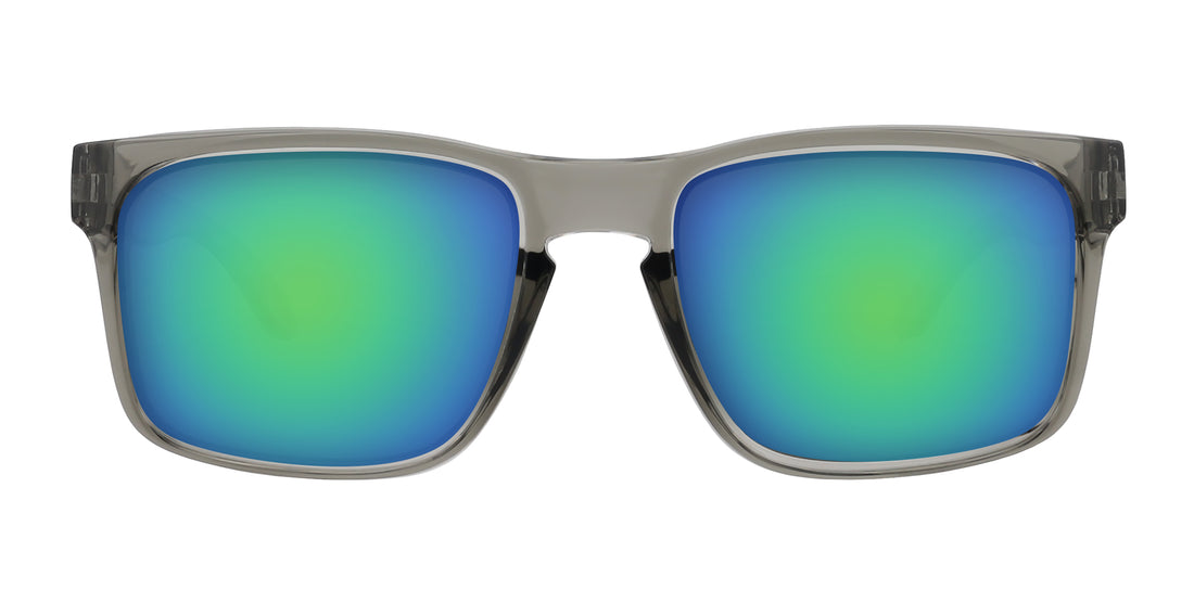 Front close-up of Stormy XL sunglasses showcasing glossy clear gray frame and green-blue mirrored lenses on white background