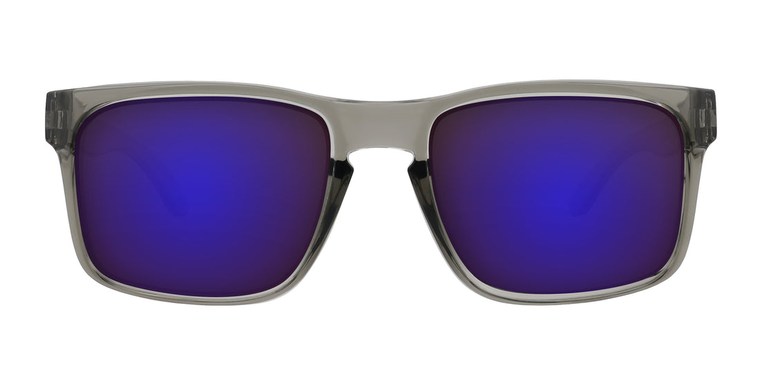 Close-up front of Stormy XL prescription sunglasses with purple mirrored lenses and transparent gray rectangular frame