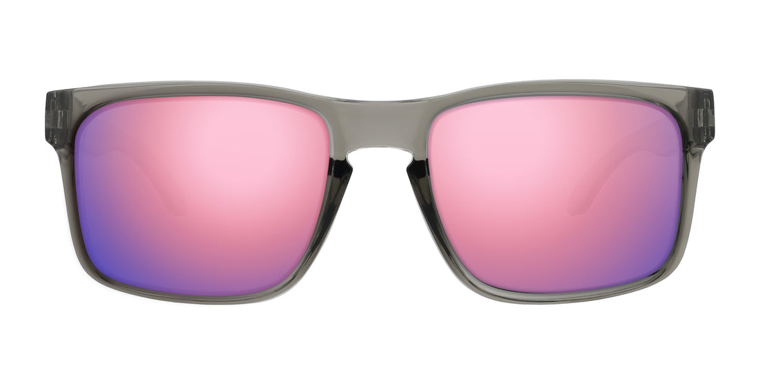 Front close-up of Stormy XL glasses showing translucent gray oversized frame and rose-pink mirrored lenses on white background