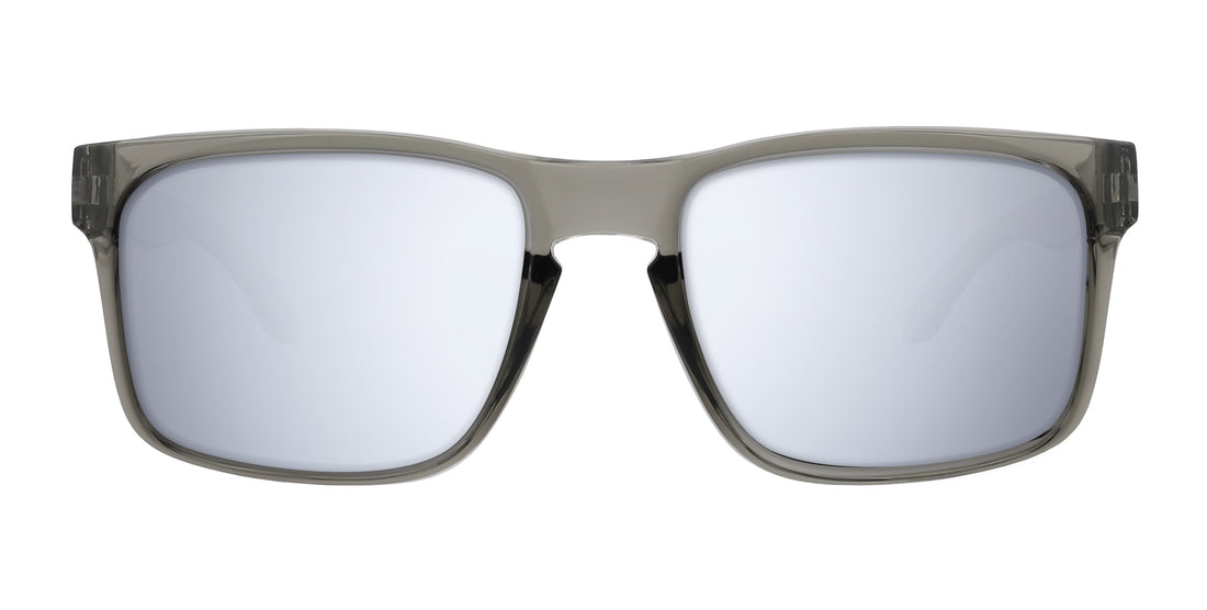 Front close-up of Stormy XL Rx sunglasses showing glossy transparent gray oversized frame and silver mirrored lenses