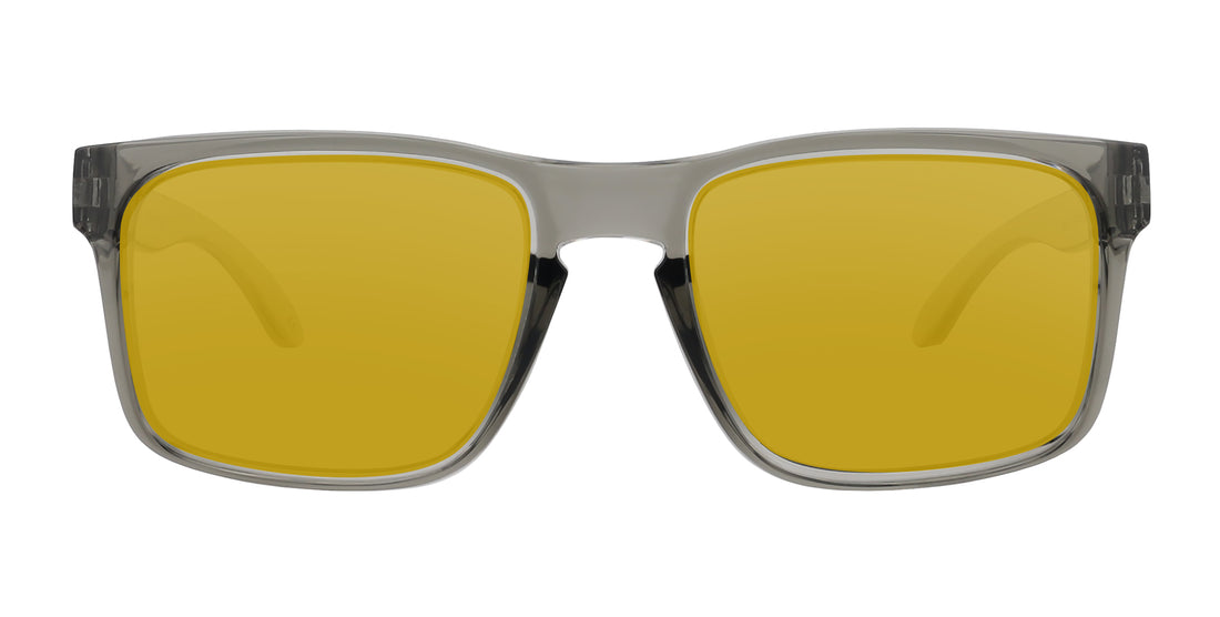 Front close-up of Stormy XL sunglasses showcasing transparent gray rectangular frame and yellow prescription lenses on white background