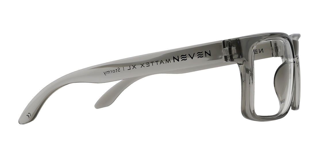 Side view of Stormy XL oversized glasses showing glossy translucent gray frame with branded temple and quick close hinge