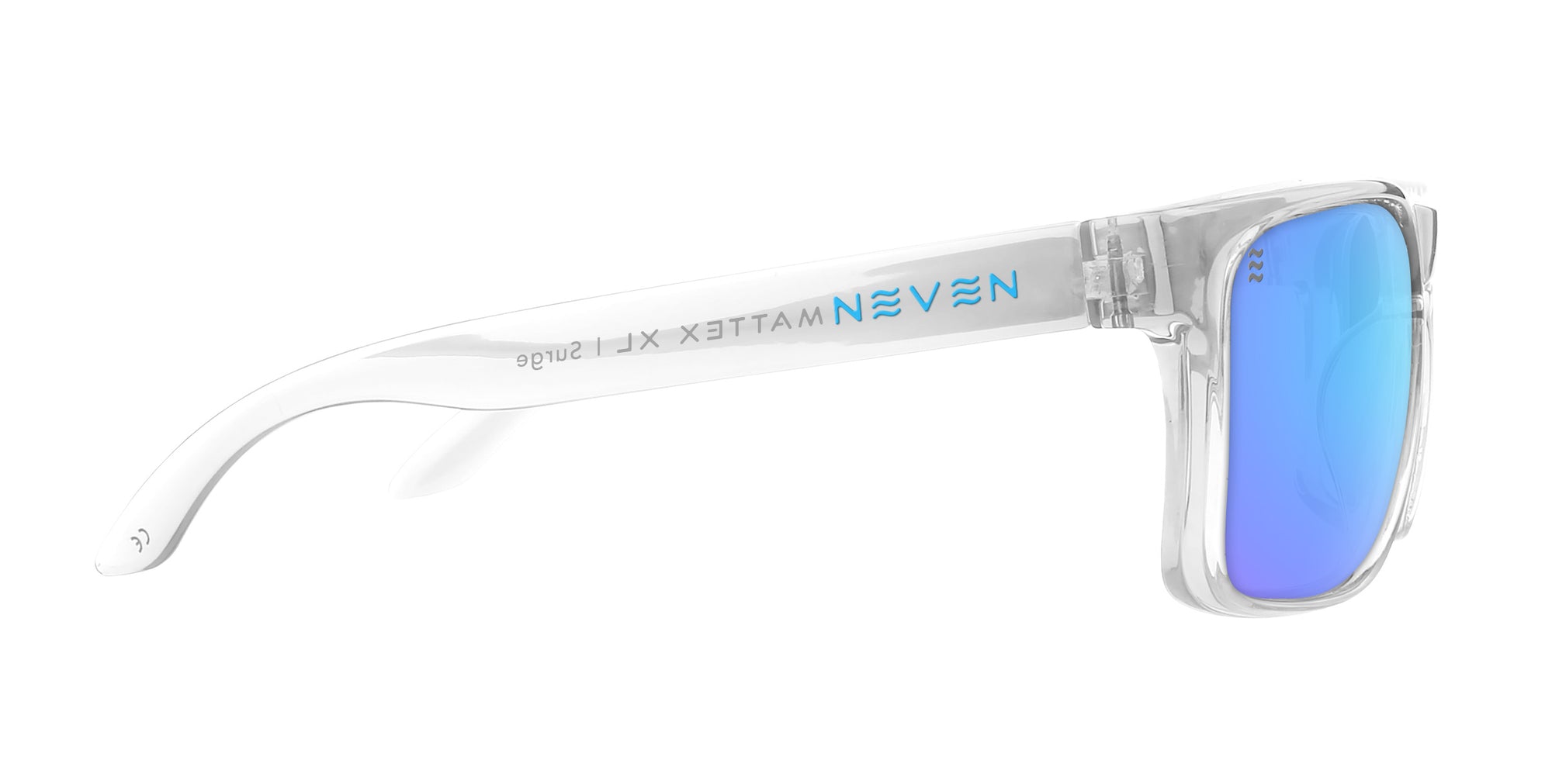 Side view of Surge XL sunglasses showing clear glossy frame, blue mirrored polarized lenses, Neven logo on temple with white background