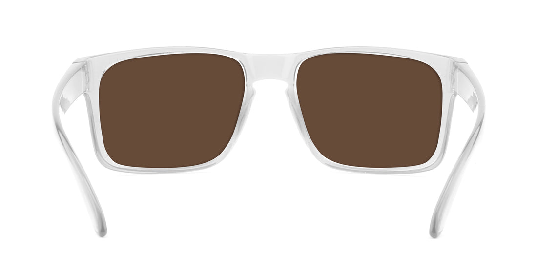 Front close-up of Surge XL sunglasses showcasing glossy clear frames and brown polarized UV400 lenses on a white background