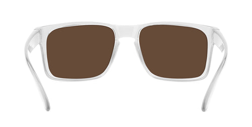 Front close-up of Surge XL sunglasses showcasing glossy clear frames and brown polarized UV400 lenses on a white background