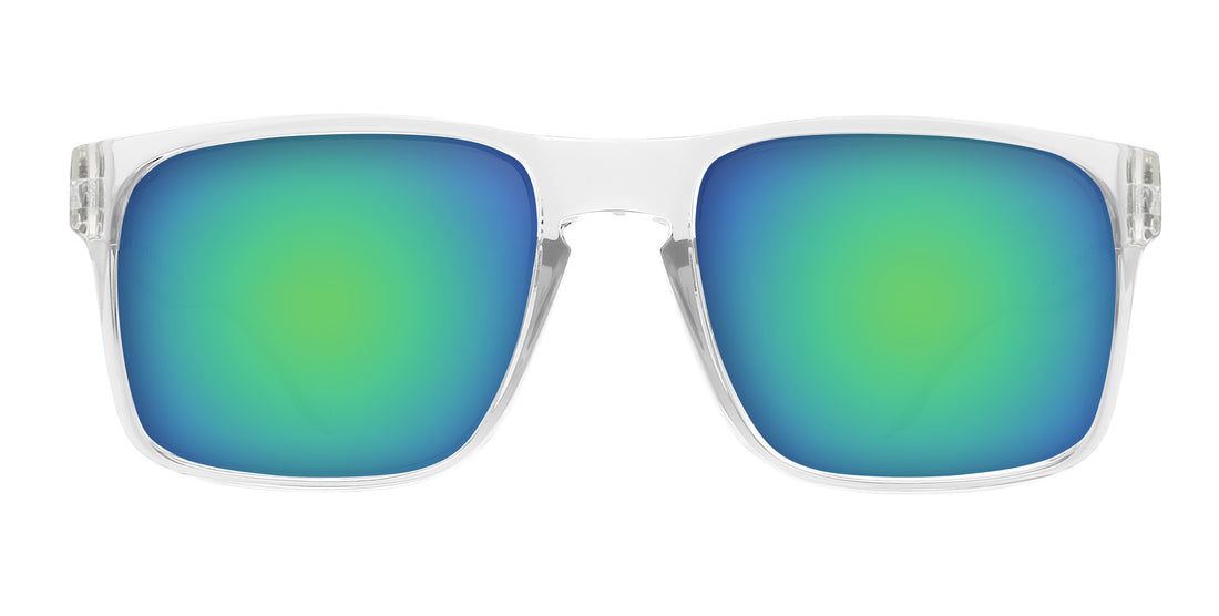 Front close-up of Surge XL prescription sunglasses showcasing clear glossy frame and blue-green mirrored lenses on white background